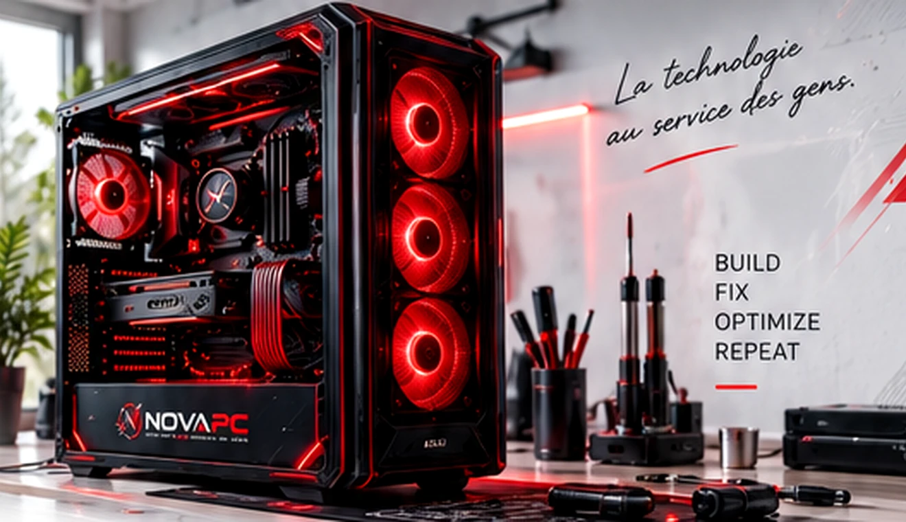 Univers NovaPC : PC sur mesure rouge et noir dans un atelier clair